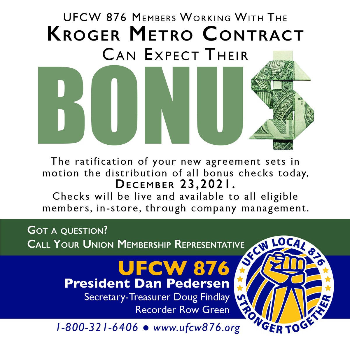 UFCW876's tweet photo. #Ratification of the new, #UFCW876 #Kroger Metro agreement sets in motion distribution of eligible member's live #bonuschecks today, 12/23/21, issued by management. #876Strong #1u #ufcw @kroger https://t.co/jchLhpTMhA