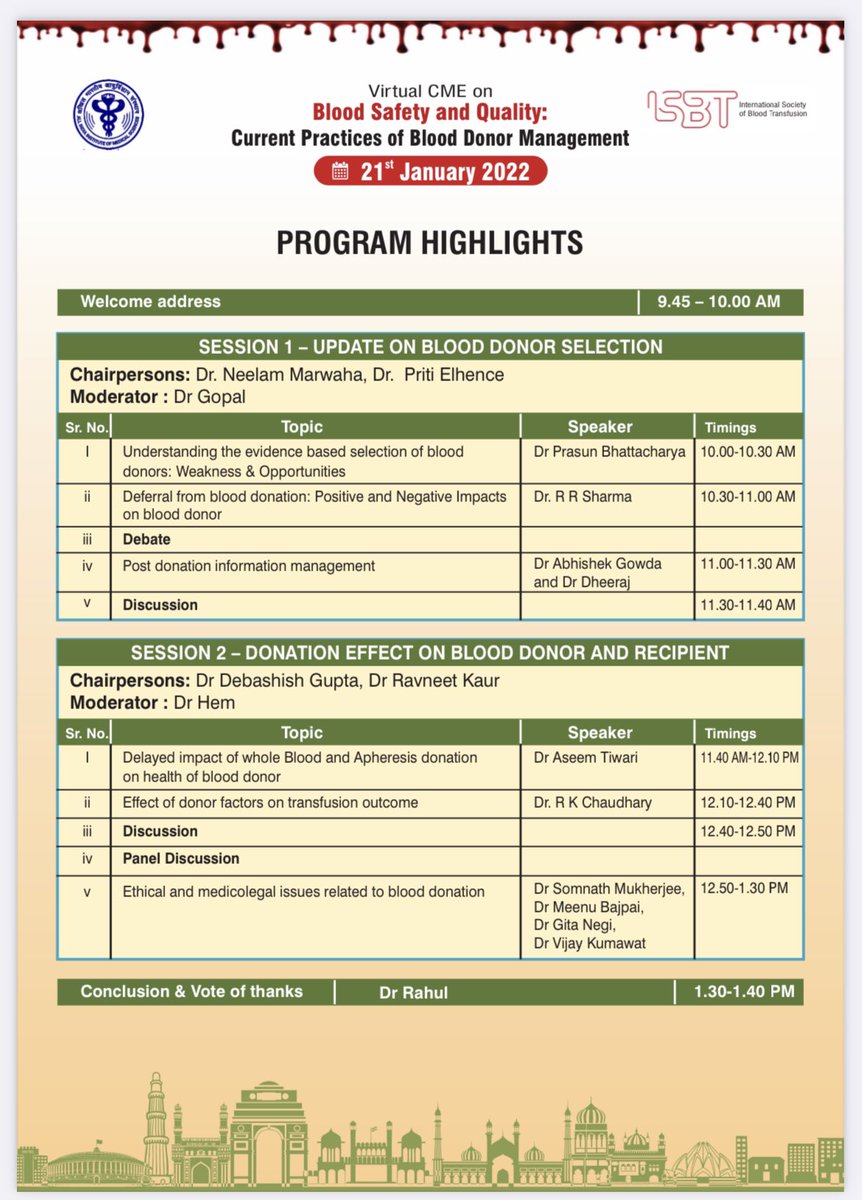 We are pleased to announce the CME on Current practices of Blood donor management this CME is in continuation of the theme of BLOOD SAFETY AND QUALITY with the support of ISBT.<a href="/aiims_newdelhi/">AIIMS, New Delhi 🇮🇳</a> <a href="/arorasatyam12/">Satyam Arora MD | CABP</a> <a href="/DrVijayKumawat1/">Dr. Vijay Kumawat</a> <a href="/ashishjain2019/">Ashish Jain</a>  <a href="/ISBTCO/">ISBT Central Office</a> #Donorssafety
