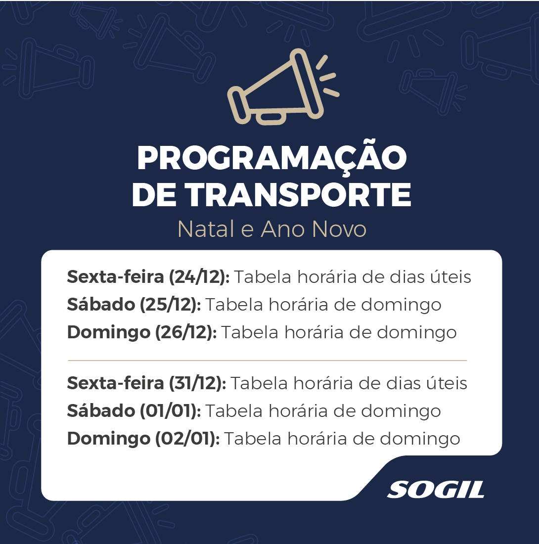 SOGIL_Oficial's tweet photo. #Atenção 📢📢📢
Fique ligado na programação de transporte e nos horários de atendimento do #SACSOGIL e da Central de Atendimento neste final de ano.
📱https://t.co/cTXuW5Gy3J
#InformaçãoSOGIL #SOGIL https://t.co/IRHWoLNos6