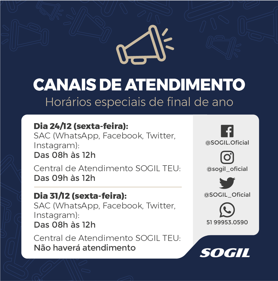 SOGIL_Oficial's tweet photo. #Atenção 📢📢📢
Fique ligado na programação de transporte e nos horários de atendimento do #SACSOGIL e da Central de Atendimento neste final de ano.
📱https://t.co/cTXuW5Gy3J
#InformaçãoSOGIL #SOGIL https://t.co/IRHWoLNos6