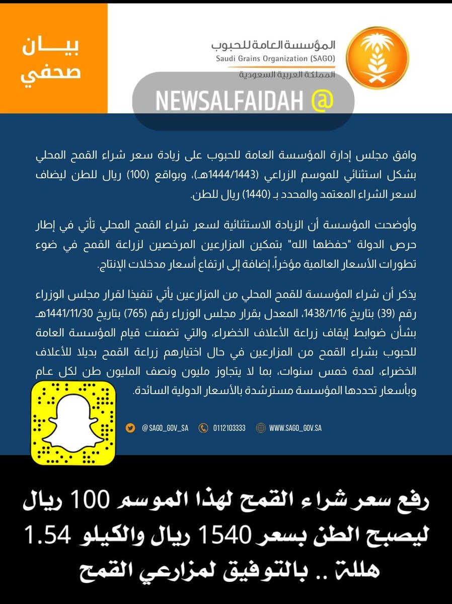 بعد اعلان موسسة الحبوب اليوم رفع سعر الشراء من المزارعين بواقع 100 ريال ليصبح سعر الطن 1540 ريال بدلا من 1440 ريال
قان من المهم للمزارعين ان يعلموا انه عند تغيير رخصة الاعلاف الى قمح فانه يلزمك الانتظار سنتين حتى تقوم باعادة الاعلاف مرة اخرى.
بالتوفيق للجميع