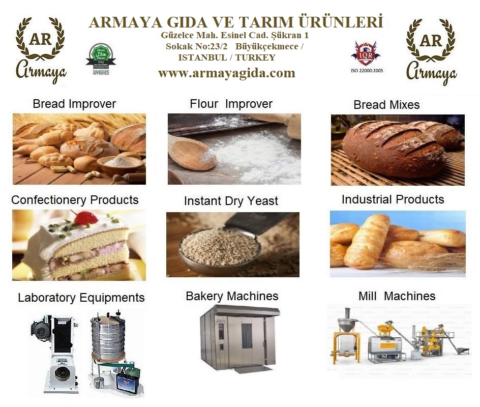 Tüm Fırıncılık ve Ekmekçilik için Hammadde, Ekmek Geliştirici, Ekmek Mayası, Geliştirici-Koruyucu Ürünler, Makina, Cihaz, Ekipmanlar.. 
armayagida.com
#breadimprover #instantdryyeast #ameliorantdepanification #levure