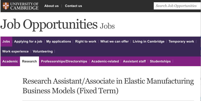 New opportunity <a href="/IfMCambridge/">Institute for Manufacturing (IfM)</a> = Research Assistant/Associate in 'Elastic' #Manufacturing  #BusinessModels (Fixed Term) - details at: jobs.cam.ac.uk/job/32943/ <a href="/Cambridge_Eng/">Engineering Dept</a> <a href="/Cambridge_Uni/">Cambridge University</a>