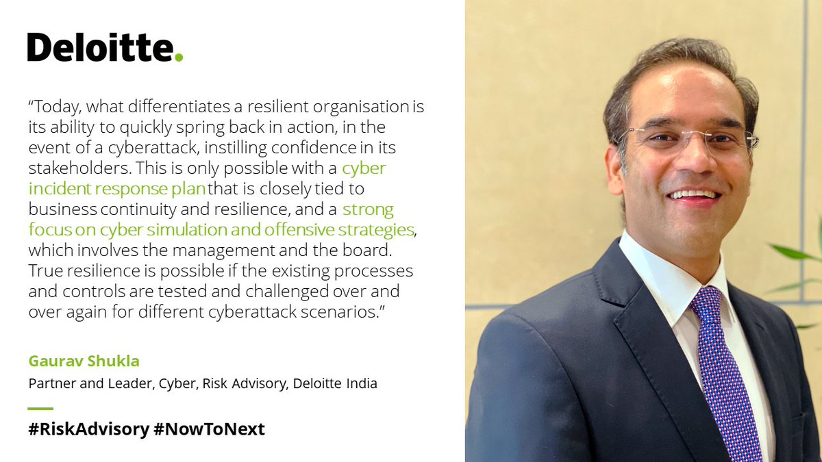 DeloitteIndia's tweet photo. Gaurav Shukla, Partner and Leader, #Cyber, #RiskAdvisory, Deloitte India, emphasises the importance of #CyberSimulation to instil confidence and achieve a #resilient posture.
Know more: https://t.co/l5KvyhEZiH
#NowToNext #CyberPoweredPeople #CyberIncidentResponse https://t.co/oEH1udqkR7