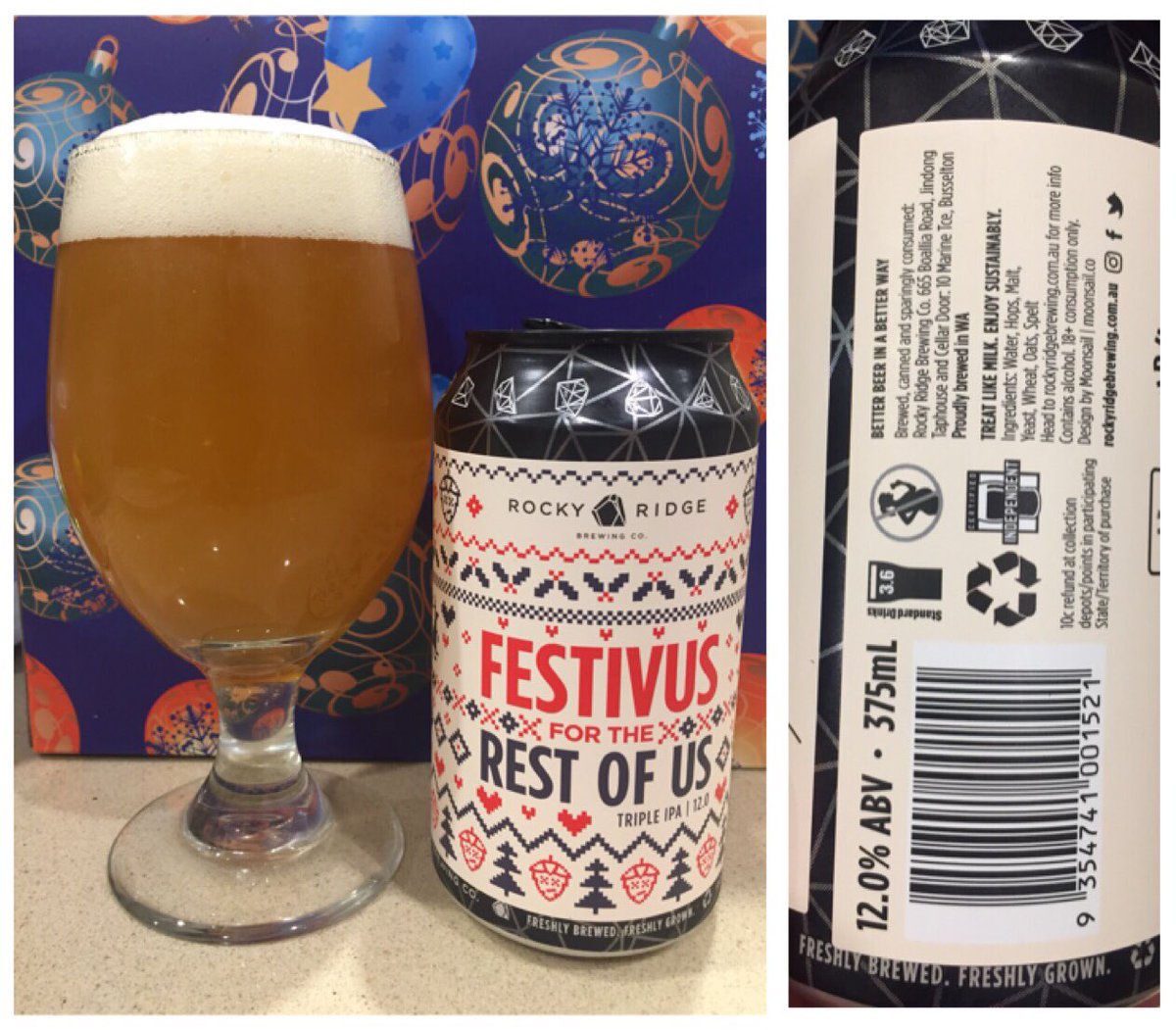 ShmickBackup's tweet photo. DAY 23:
HAPPY FESTIVUS!!
@RockyRidgeBrew has nailed the theme and the brew.
I will make a contribution to the Human Fund out of respect for their craft.
3.6 standards?!? IIIPA 🤪💥
Fuck me dead. I’d actually like another, but I know that’s ill advised.
#Canvent 🍺🎄 https://t.co/M6YuHjBjUh