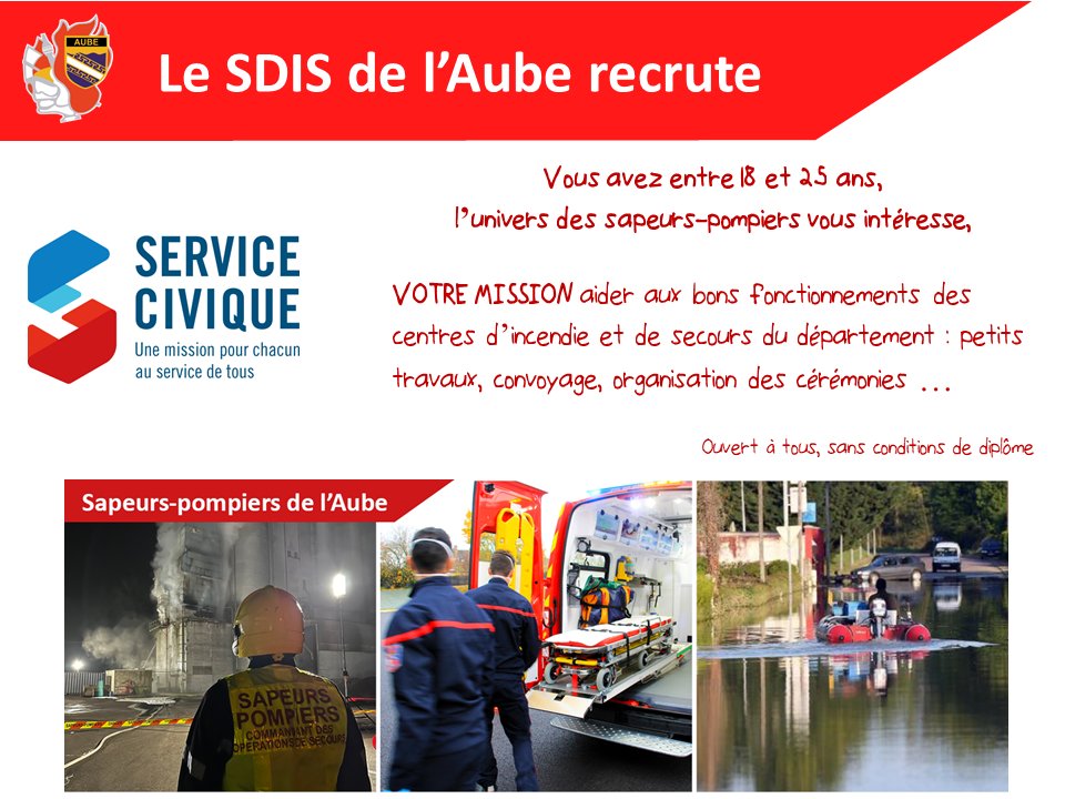 SDIS_10's tweet photo. 📢 @ServiceCivique I Vous avez entre 18 et 25 ans, venez vivre une belle expérience au sein des sapeurs-pompiers de l'Aube :
2⃣ Volontaires
🗓️ A compter du 01/02/22
Domaine de la logistique 🚒🏢🍴🔧
Détails et contact ▶ https://t.co/oczG4EiHOV https://t.co/hSQZ9Mn6ab