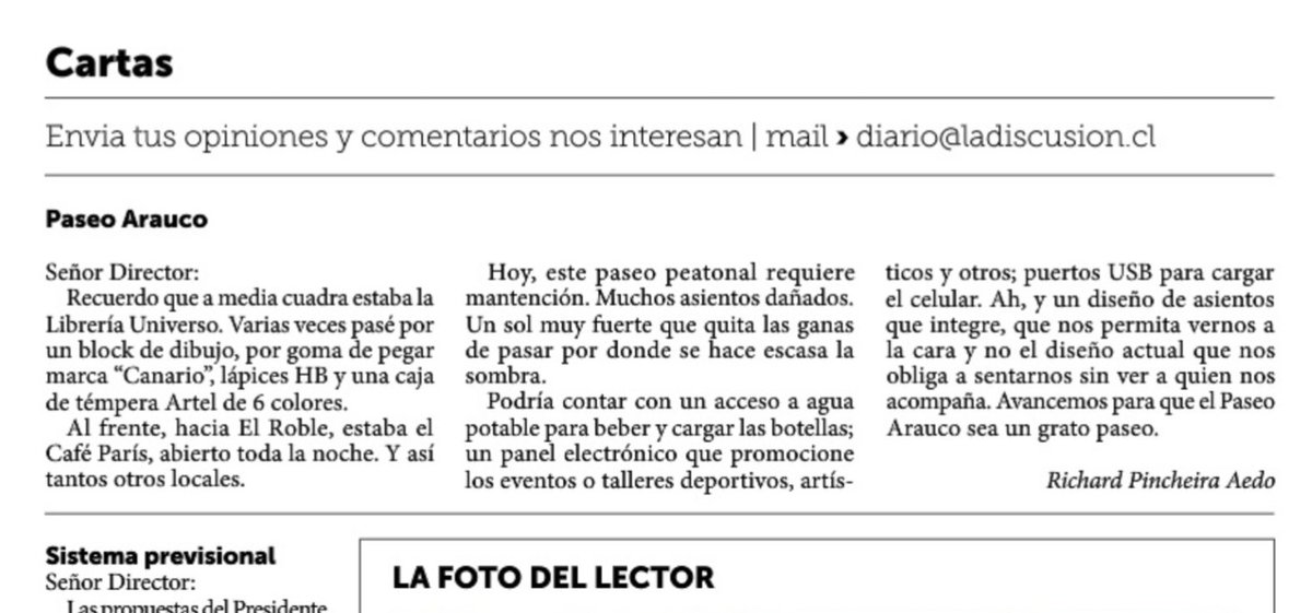 richardchillan's tweet photo. Gracias a @ladiscusioncl por publicar mi carta.
El paseo Arauco y muchos otros espacios de #Chillán deberían ser mejorados, para ser una ciudad más habitable, más integradora, más cercana a las personas.
Crecer no es sinónimo de desarrollo. https://t.co/3uG1s459eb
