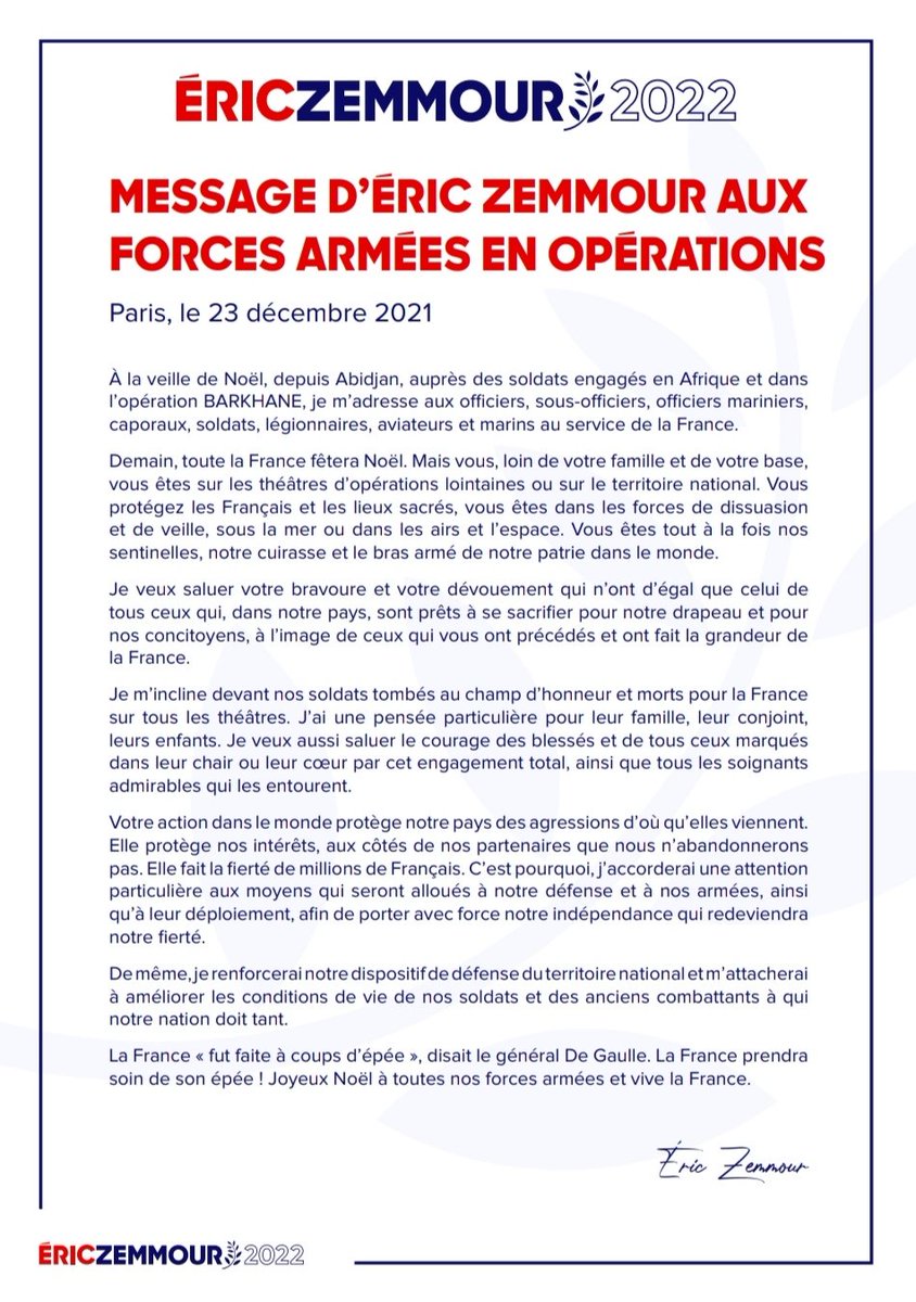 ZemmourEric's tweet photo. À la veille de Noël, depuis Abidjan, auprès des soldats engagés dans l’opération BARKHANE, je m’adresse à nos militaires. https://t.co/aha8G5QNno