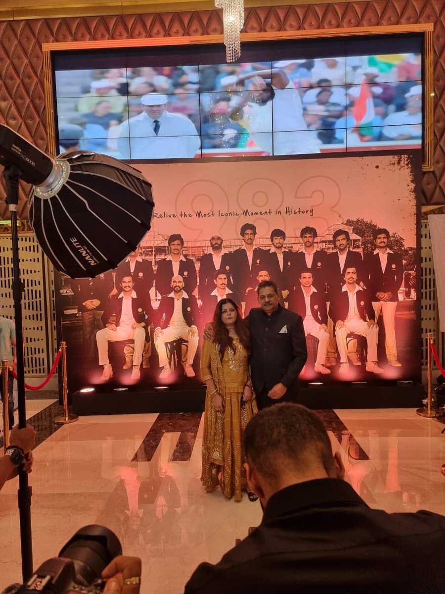 KirtiAzaad's tweet photo. With my wife Poonam. 
At the premiere, 
red carpet, 
screening of 83 the movie.
⁦@RanveerOfficial⁩ 
⁦@therealkapildev⁩ 
⁦@83thefilm⁩ 
#thisis83 https://t.co/phqY47jmkX