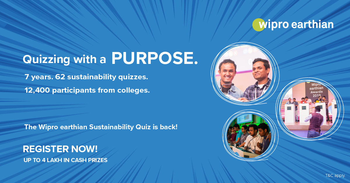 Put on your quizzing hats - the Wipro earthian Sustainability Quiz is back this year! Take part in the only college quiz on sustainability at the national level.  
Last date to register: January 14, 2022. 
Visit: lnkd.in/eSEYrYPd 
#wiproearthian #Sustainability #Quiz