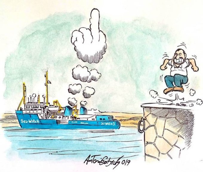 Satirezeichnung:<br><br>Die SeaWatch 3 vor der Küste. Die Rauchwolken aus den beiden Schornsteinen vereinigen sich oben zu einem 'Stinkefinger'; auf der Mole springt ein wütender Salvini rumpelstilzchen-like in die Luft.<br><br>signiert AntonioCabras 019