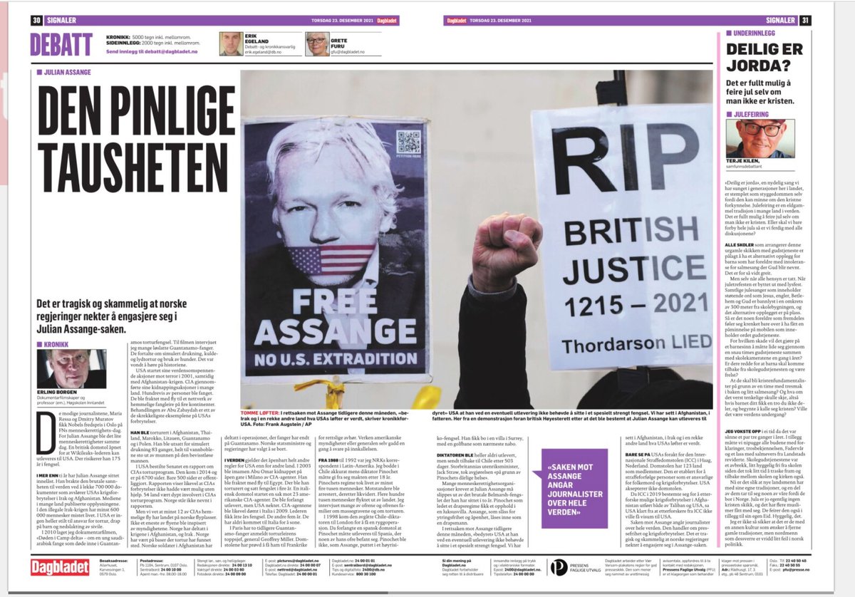<a href="/ErlingBorgen/">Erling Borgen</a> i dagens Dagbladet (<a href="/dbmeninger/">Dagbladet Meninger</a>): «Det er tragisk og skammelig at norske regjeringer nekter å engasjere seg i Julian Assange-saken.» Tiltredes!

#FreeJulianAssange