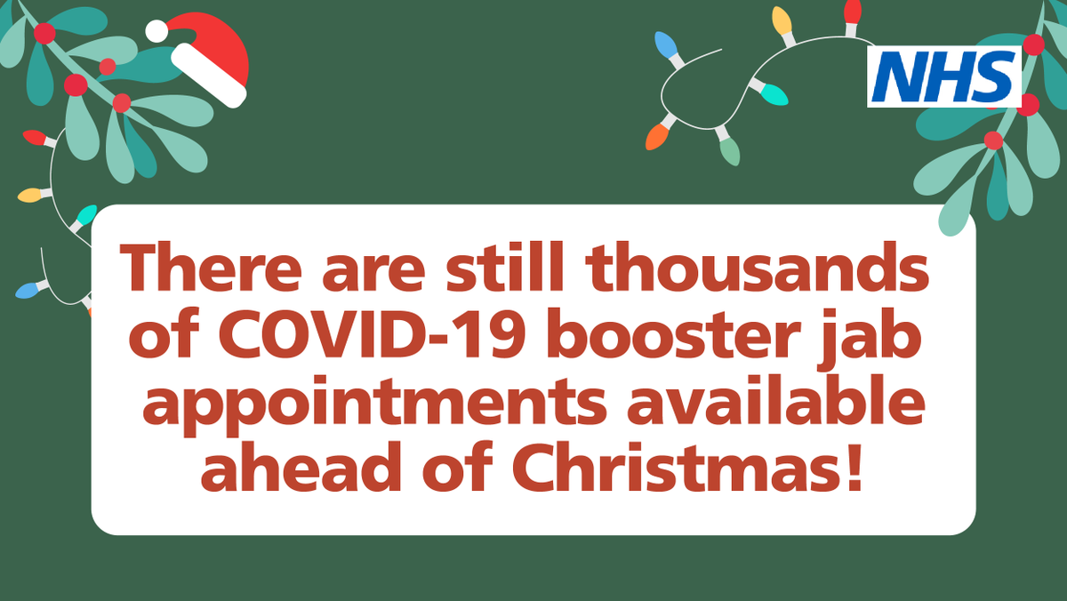 Over half of tomorrow's COVID-19 booster appointments are still available, and there are thousands more in the next few days.

Visit nhs.uk/covid-booster to move your booking earlier. You will be able to see next available slots before you cancel your original appointment.