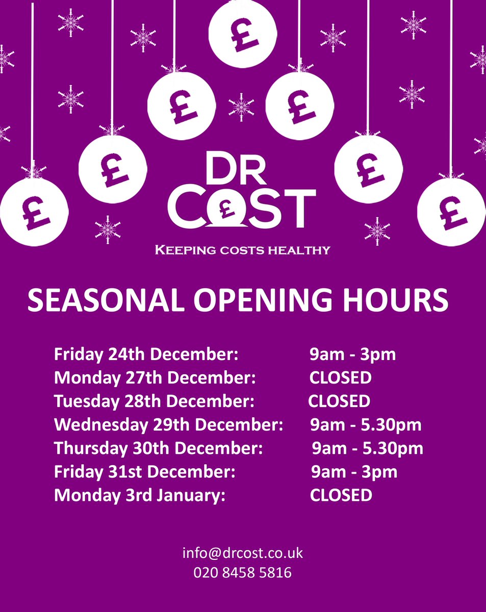 DrCost's tweet photo. Wishing you all a wonderful festive period!

Here's looking forward to 2022 bringing a more positive energy outlook....

Please see our seasonal opening hours below. We will be available on all working days to assist with any queries or quotes. 

Best wishes,

Dr Cost https://t.co/0XTTg3Byhr