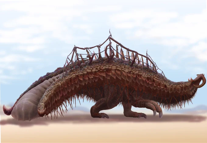 オリジナルモンスター図鑑RE
【第55回:ダムクトラス】

流砂の力で発電する獣竜種。
身に纏った大量の鉄骨に通電させることで強い磁場を生み出す。鈍重な動きの本種だが、引斥力を巧みに操ることで重い一撃を確実に叩き込んでくる。

#MH自作モンスター #モンハン 
#亜大陸竜跡博物誌 #イラスト 