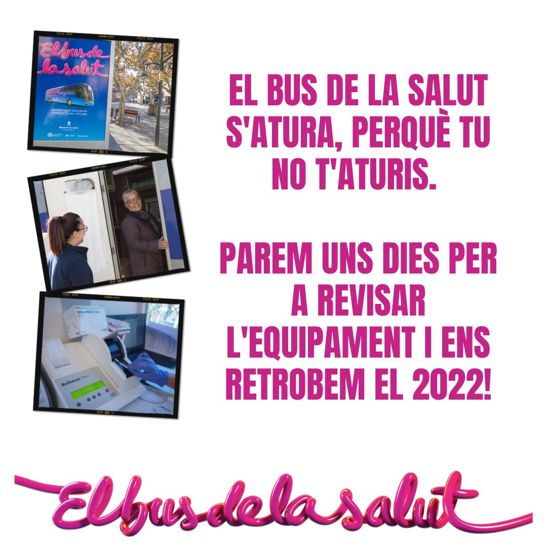 ➡️ El Bus de la Salut s'atura, perquè tu no t'aturis.
➡️ Parem uns dies per a revisar l'equipament i ens retrobem el 2022!

#elbusdelasalut #recerca #malaltiarenal #malaltiaaterotrombòtica #prevenció #salut #diabetis #hipertensió   #Lleida #salutLleida