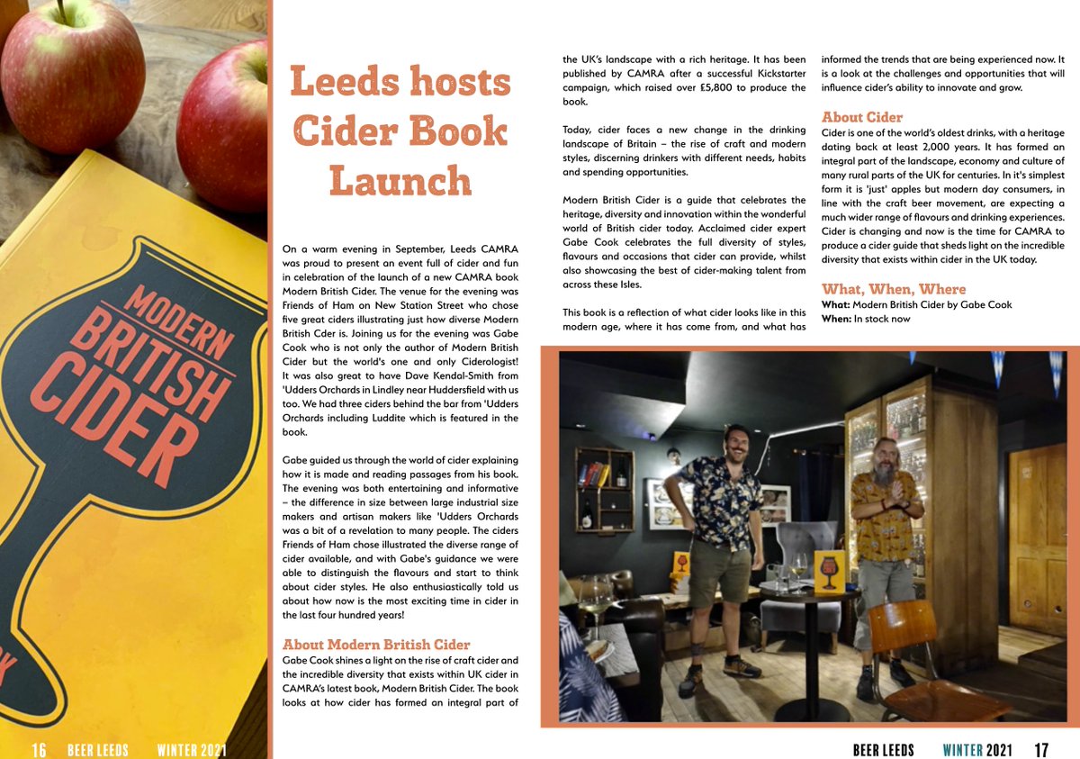 Beer Leeds Issue 1 @LeedsCAMRA # Report on Book Launch of Modern British Cider @CAMRABooks by Gabe Cook @theciderologist # Review of Gypsy Soul - Rebel Root cider in a can @wobblegate by David Dixon @ObsoleteSkills indd.adobe.com/view/6b4237c3-…