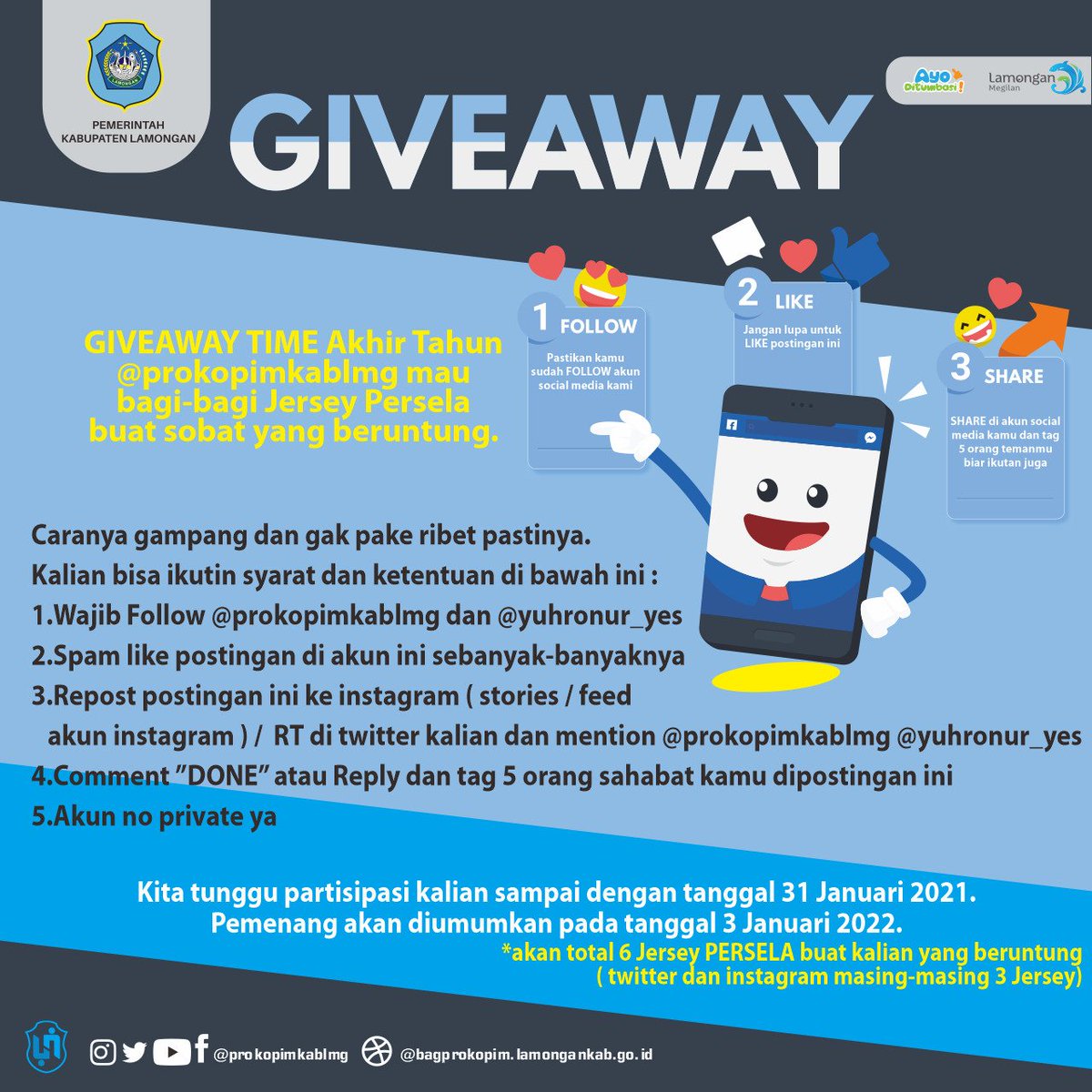 prokopimkablmg's tweet photo. Ayo lur podo melu #GiveAway Kapan mane akhir tahun sampean iso olehno jersey asli @perselafc kebanggane wong Lamongan

Carane gampang
1. Follow @prokopimkablmg &amp; @yuhronur_yes
2. RT dan like postingan iki
3. Tag 5 koncomu ya lur

Ayo gek gage sedurunge 31 Des 2021 

Gudluck lur.. https://t.co/Gcni6sb7Vk