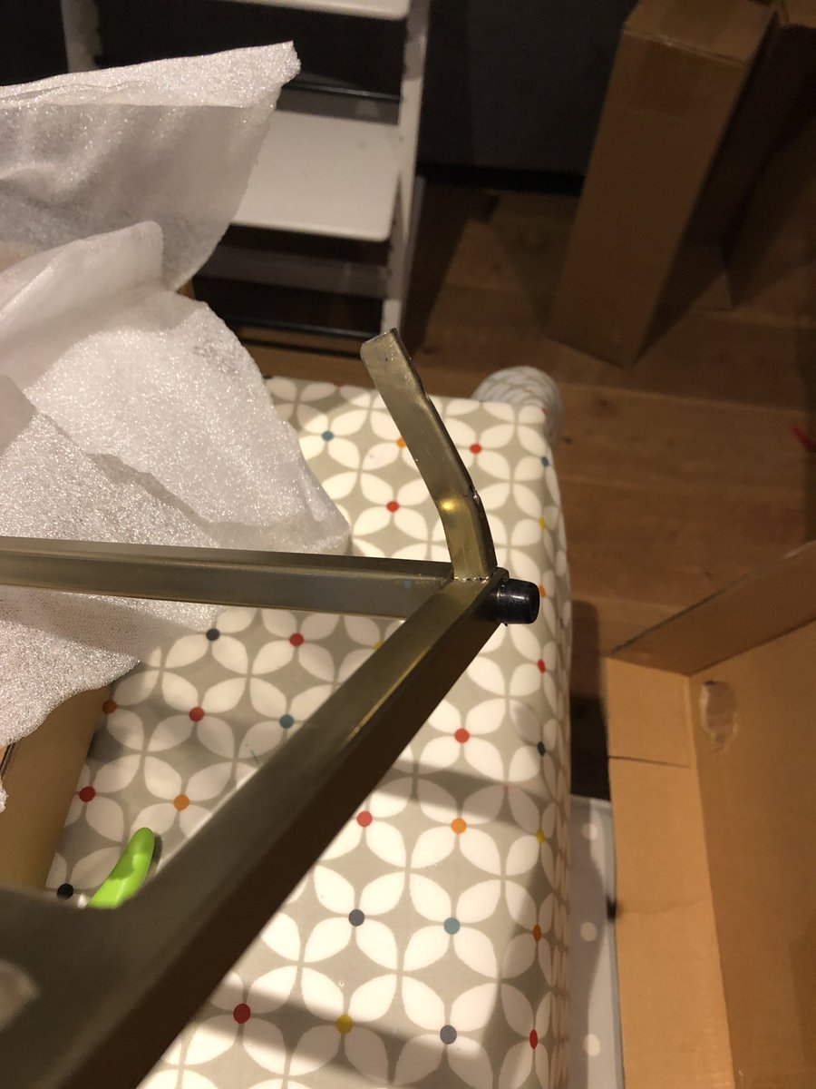 Woogene's tweet photo. @westelmUK after returning a damaged item to you, this is what you sent back as a replacement. Someone else’s damaged &amp; returned item. You’ve offered 20% discount for a piece of furniture that can’t even be put together?! 3 days to respond to an email? Worst customer support ever https://t.co/c3LzVqXSbK