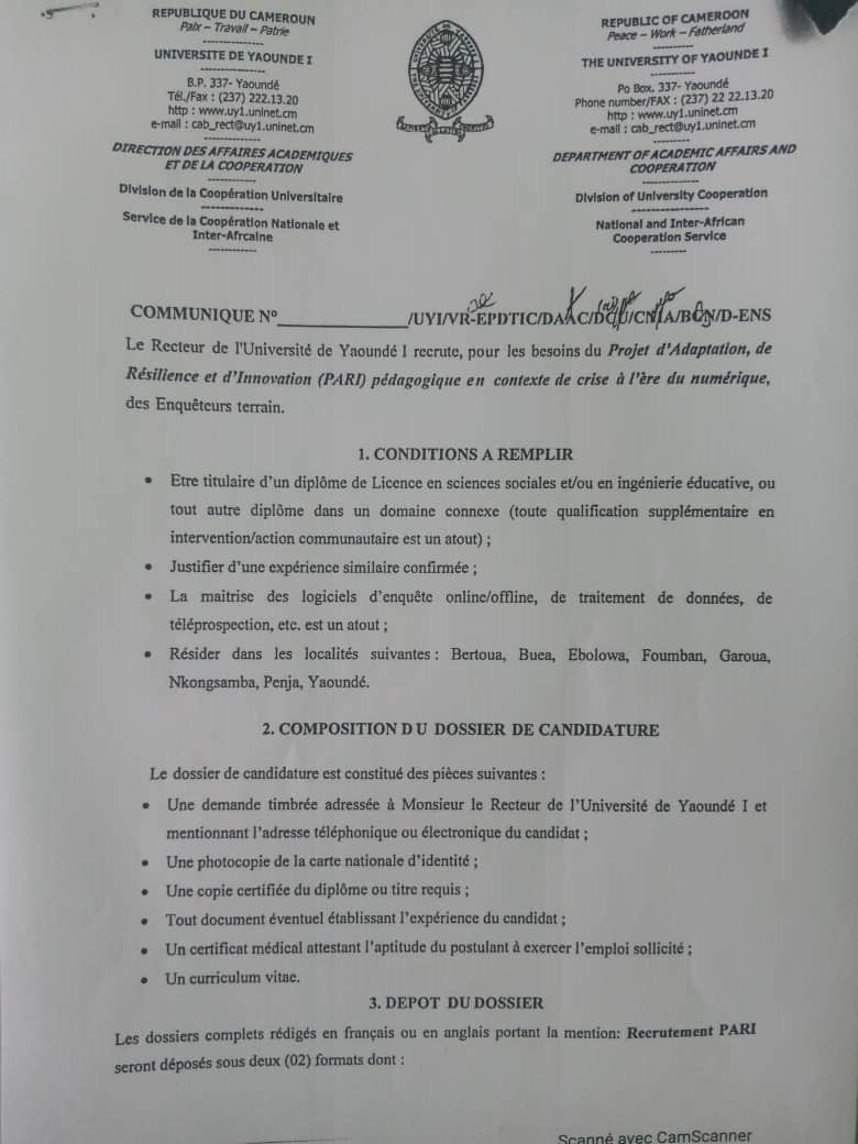 PPedagogique's tweet photo. Le Recteur de l'Université de Yaoundé I recrute des Enquêteurs terrain pour les besoins du Projet d’Adaptation, de Résilience et d’Innovation (PARI) pédagogique en contexte de crise à l’ère du numérique.
Délai de dépôt des dossiers le 07/01/2022.
Lire le communiqué du Recteur. https://t.co/uAPXyAWKLX