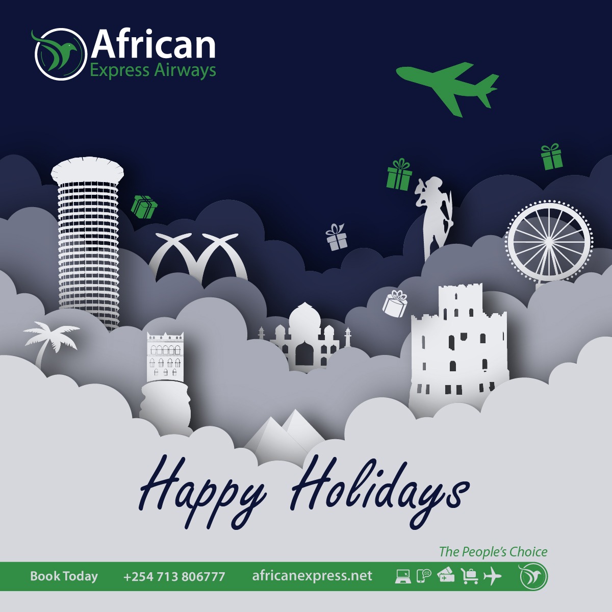 Flyafrican's tweet photo. Happy holidays to all our esteemed customers and agents, kick start your festive holiday with a trip to any of our destinations @Flyafrican 
Book Now to Nairobi, Juba, Mogadishu and Hargeisa at: https://t.co/dHZEjNkqU1
For enquiries call: +254713806777
#aviation #aviationdaily https://t.co/dU6VCy1jGN