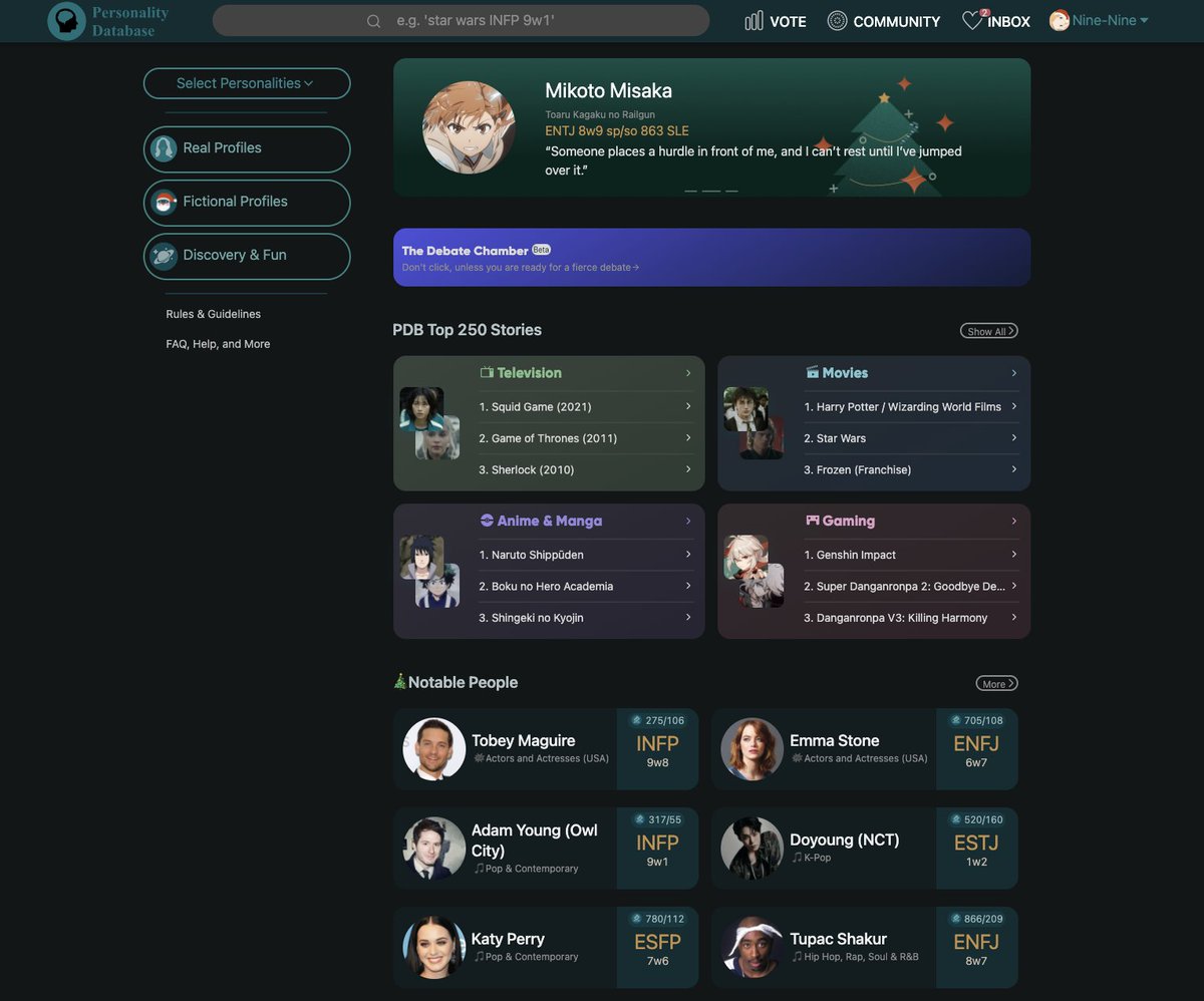 pdb_app's tweet photo. Two days untill Christmas! I hope you like the new homepage, the holiday hats, and the snowflakes falling down the screen.
https://t.co/yILb4lo5jW
#personalitydatabase #pdb #mbti https://t.co/ujPdSzD0HW