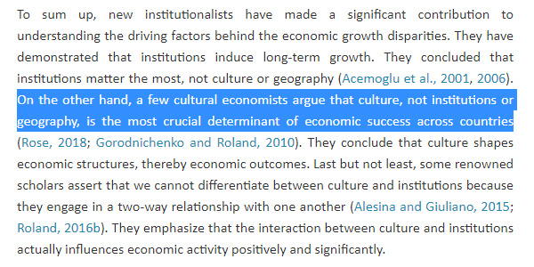 RuJEconomics's tweet photo. Is #culture the most significant determinant of economic performance across countries, rather than #institutions or #geography?
This paper reports that an increasing number of studies have investigated the role of culture for economic outcomes: https://t.co/RFL83gBtSF https://t.co/bELN87fuCK
