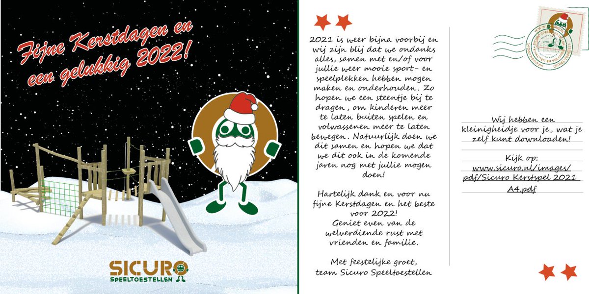 Vanaf vanmiddag 15:00 t/m 02-01-2022 zijn wij gesloten in verband met de Kerstvakantie.

Wij wensen iedereen een fijne Kerst en het beste voor 2022!

Groeten Team Sicuro Speeltoestellen

sicuro.nl/images/pdf/Sic…