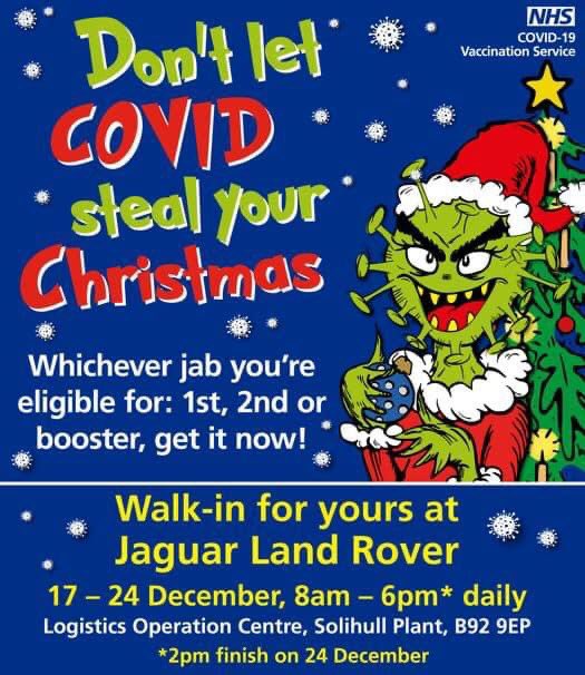 Know anyone who hasn’t been vaccinated? Stuck for transport? 
Get it done before Christmas!  Take the free shuttle from outside ASDA in Chelmsley Wood to the vaccination pop-up at Jaguar Land Rover. 

For more information ➡️ loom.ly/IxZDgCw