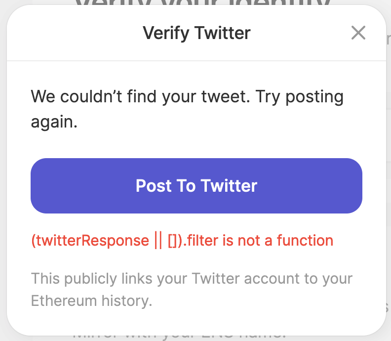 softcovereth's tweet photo. @viamirror @viamirror — can't seem to get this to work? get the below when I try the 'Verify tweet' button https://t.co/Kfu13LFi2k