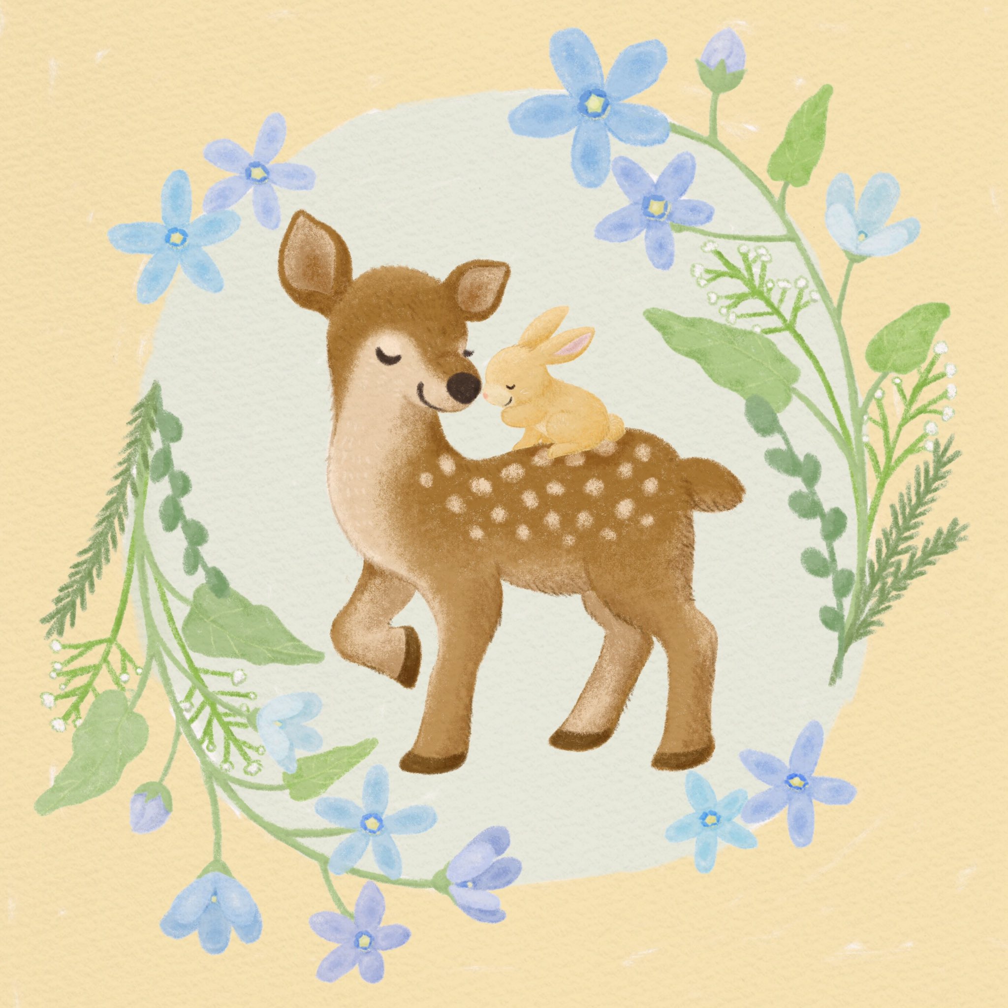Twitter 上的 えびんぐ イラストレーター インスタにて好きなお花アンケートにご回答頂いた ブルースター のイラスト 花言葉の 信じ合う心 をイメージして こじかとうさぎを描きました 動物イラスト かわいいイラスト 絵本の世界 絵本イラスト 鹿
