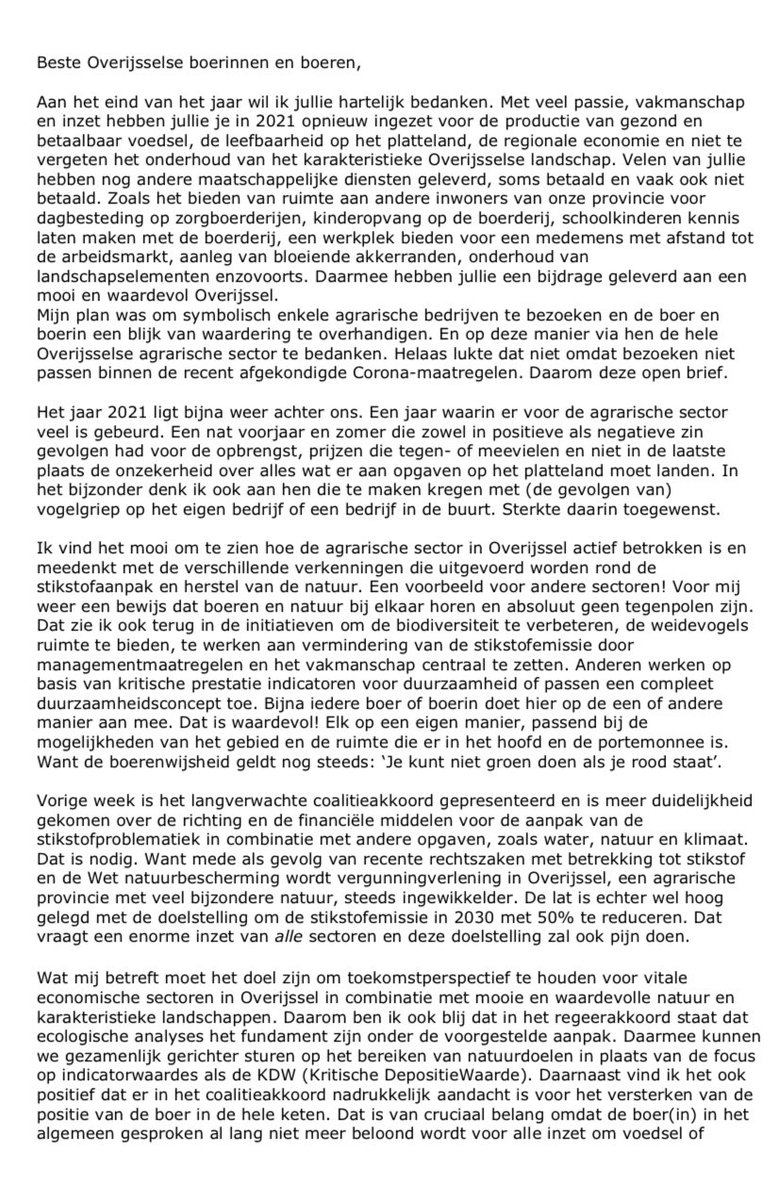 GertHarmtB's tweet photo. Mijn plan was om enkele agrarische bedrijven te bezoeken en de boer(in) een blijk van waardering te overhandigen om zo via hen de hele Overijsselse agrarische sector te bedanken. Helaas kan een persoonlijk bezoek niet vanwege de recente Corona-maatregelen. Daarom deze open brief. https://t.co/KDTBwyBLre