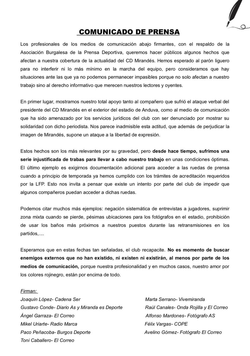 🗞 Los medios de comunicación denuncian las trabas que encuentran diariamente en la cobertura informativa del <a href="/CDMirandes/">Club Deportivo Mirandés</a> 

Esperemos que el club recapacite, por el bien de todos 🤞

Aquí el comunicado integro👇
