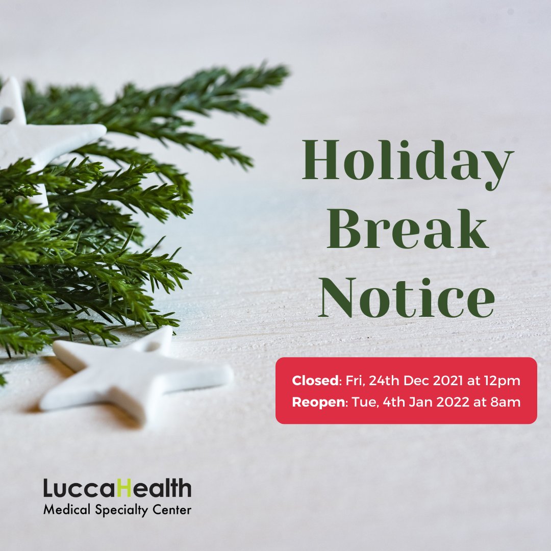 LuccaHealthMSC's tweet photo. We'd like to wish you all a Merry Xmas in advance. Due to the holiday break, our offices will be closed starting from 24th Dec 2021 at 12pm through 3rd Jan 2022. We reopen on 4th Jan 2022 at 8am. On behalf of everyone at LuccaHealth, we wish you a safe &amp; enjoyable festive season. https://t.co/rMc78UvPGw
