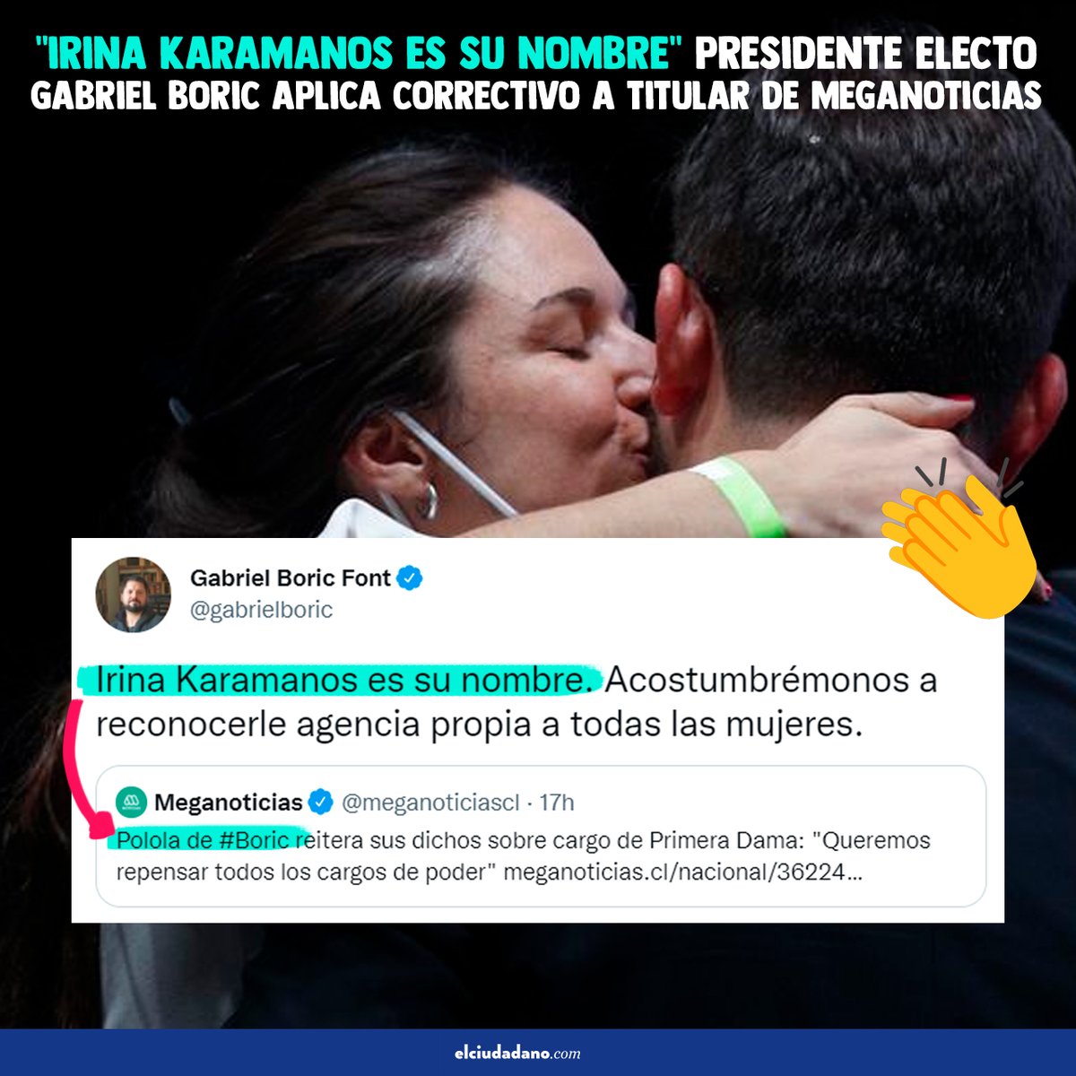 El_Ciudadano's tweet photo. "Irina Karamanos es su nombre": Presidente Gabriel Boric aplica corrección feminista a titular de Meganoticias 😍 ¿qué opinas tú? https://t.co/tw2VdWJiE1