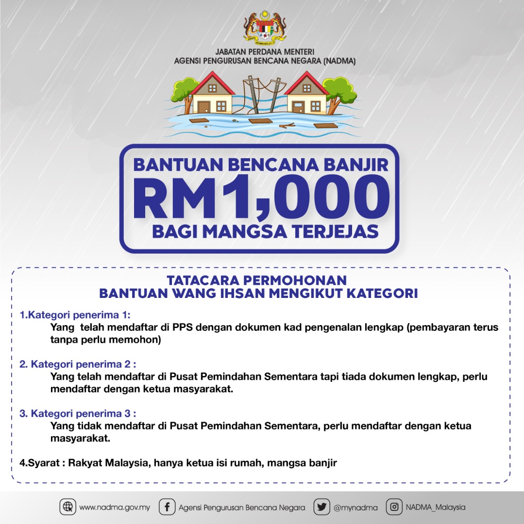 PASPusat's tweet photo. BANTUAN BENCANA BANJIR

Mangsa banjir yang terjejas boleh membuat permohonan Bantuan Bencana Banjir di mana pihak kerajaan akan memnyalurkan bantuan sebanyak RM1,000.

Tatacara Permohonan Bantuan Wang Ihsan itu boleh dibuat mengikut kategori yang tertera.

 #KeluargaMalaysia https://t.co/RloTojlQjh
