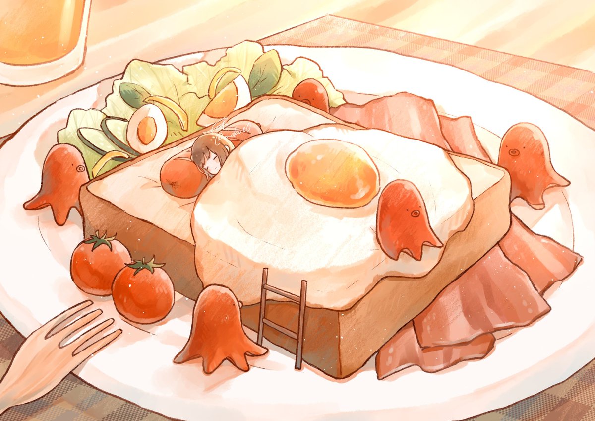 food tomato fried egg 1girl minigirl sleeping plate  illustration images