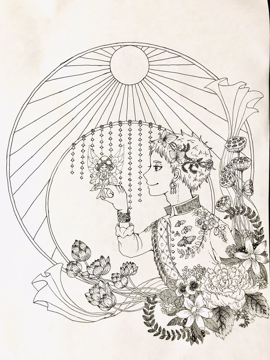 そういや点々描いた絵ツイステ君でも一枚だけ描いてたなと思ってめちゃくちゃ久しぶりにアナログの時の紙引きずり出してきた。描いたけど描いて飽きて色塗ってないんだよな…… 