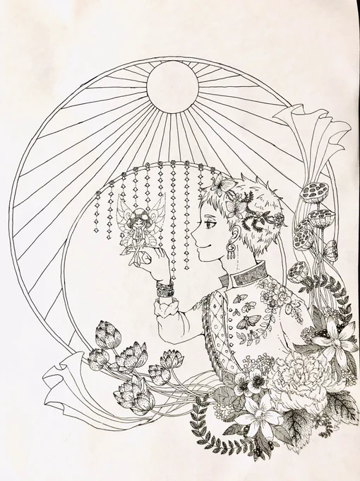 そういや点々描いた絵ツイステ君でも一枚だけ描いてたなと思ってめちゃくちゃ久しぶりにアナログの時の紙引きずり出してきた。描いたけど描いて飽きて色塗ってないんだよな…… 