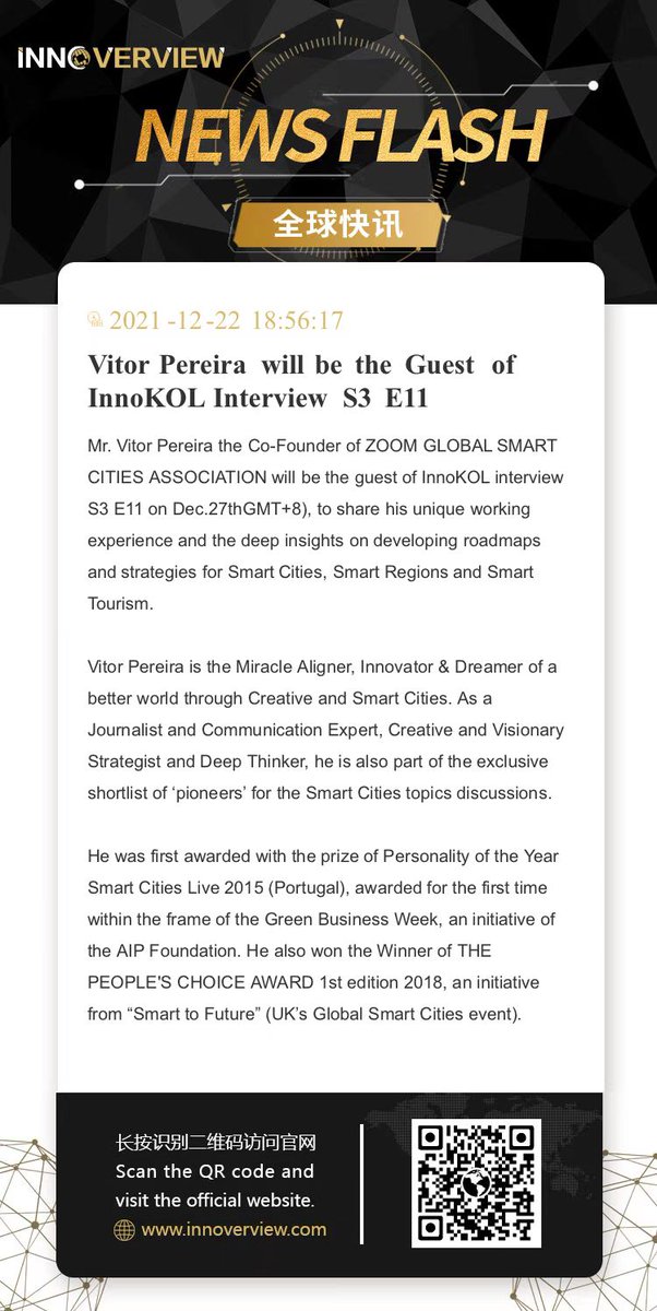 innoverview's tweet photo. We're thrilled to announce that Mr. Vitor Pereira the Co-Founder of ZOOM GLOBAL SMART CITIES ASSOCIATION will be the guest of InnoKOL S3 E11 , to share the deep insights on developing roadmaps and strategies for Smart Cities, Smart Regions and Smart Tourism.Stay Tuned :-) https://t.co/0gkLiU8ce6