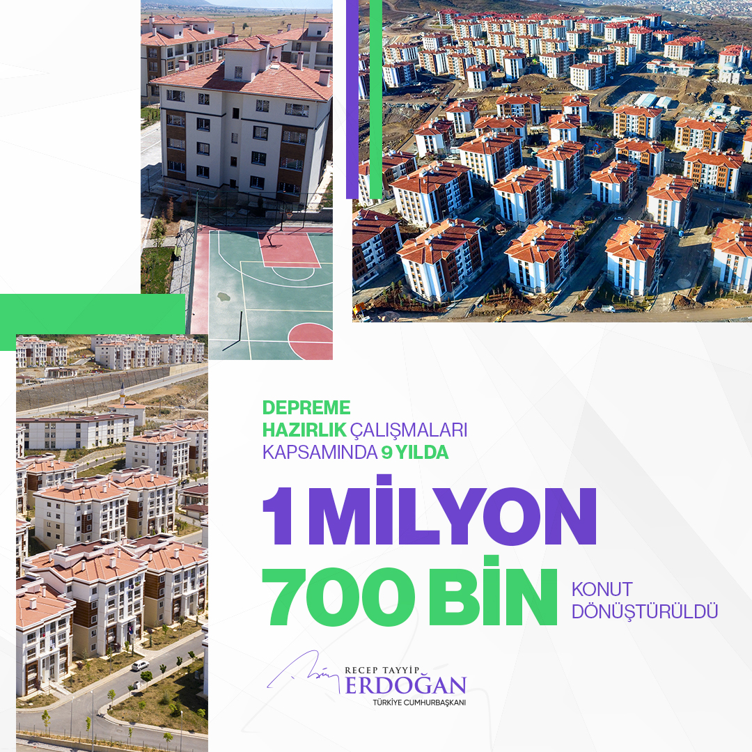 Depreme karşı hazırlık çalışmaları kapsamında son 9 yılda 1 milyon 700 bin konutu dönüştürdük. Halen ülke sathında 330 bin konutun dönüşüm inşaatları sürüyor.