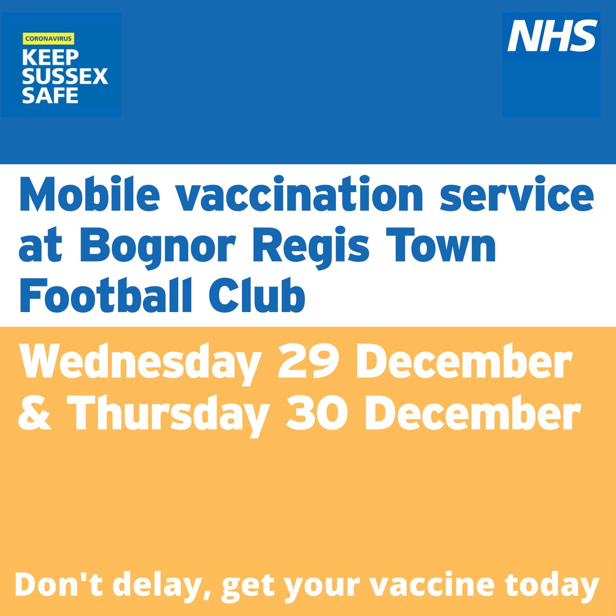 The mobile vaccination unit will be at Bognor Regis Town Football Club on 29 and 30 December 2021 from 11am to 4pm. It is offering walk in vaccinations – no appointment needed. 

➡ Find out more here:arun.gov.uk/news-archive/m…