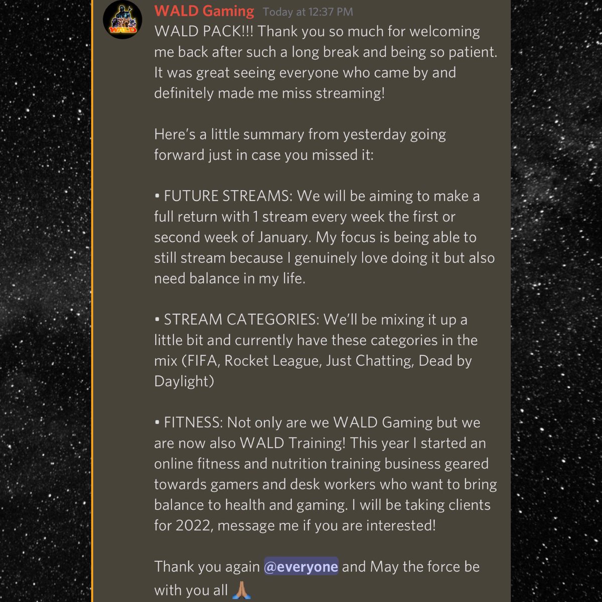 wald_gaming's tweet photo. A truly wonderful return last night and big thank you to everyone who made it what it was. 

Some channel news going forward! https://t.co/tcE2EouiPj