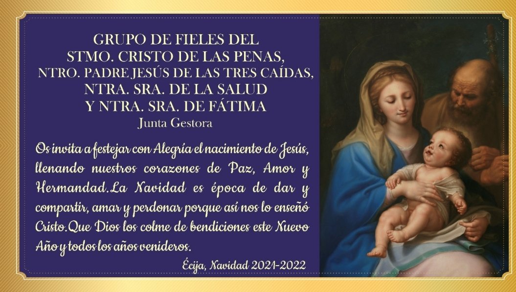 Desde la Junta Gestora de nuestro Grupo de Fieles, queremos felicitar esta fecha tan señalada donde el nacimiento del hijo de Dios, iluminará de nuevo el mundo, y desearos un Año Nuevo venidero colmado de Salud y Felicidad.

¡Feliz Navidad!