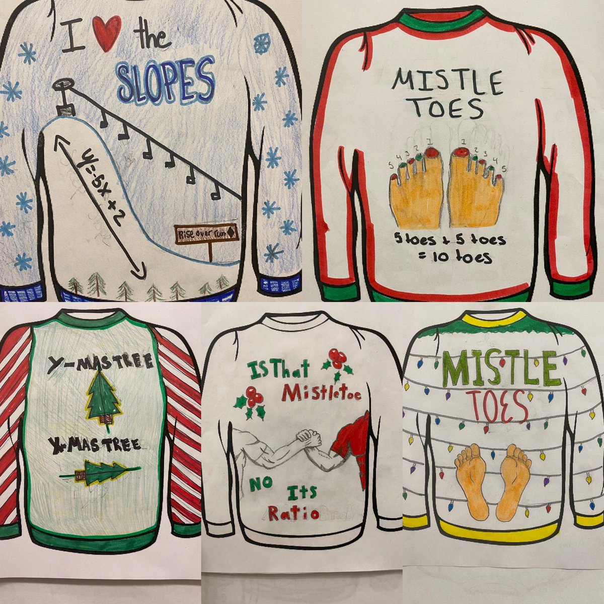 MsManheimerLMS's tweet photo. The 5 winners from each section of the “math holiday sweater” contest. Students were super creative and there were a lot of great math puns! https://t.co/bzfHf8GCUh