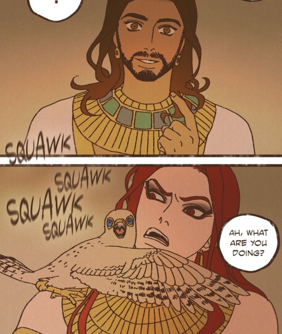 lunariste's tweet photo. Since there was already *this* much tension between Horus and the foreign god when they were interacting through a BIRD, I'm now so excited to see how they'll act with each other in person. 

Please pray for Seth because god knows he's in the middle of a very meaty sandwich. 🥵 https://t.co/VKdpuh1SOU