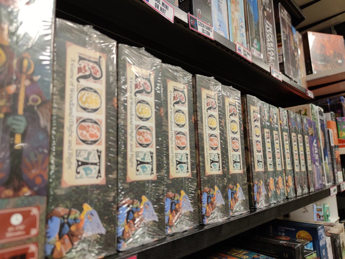 Last task before I go home for the holidays. Stacking our shelves with a buttload of Root. <a href="/LederGames/">Leder Games</a>

I'm happy <3