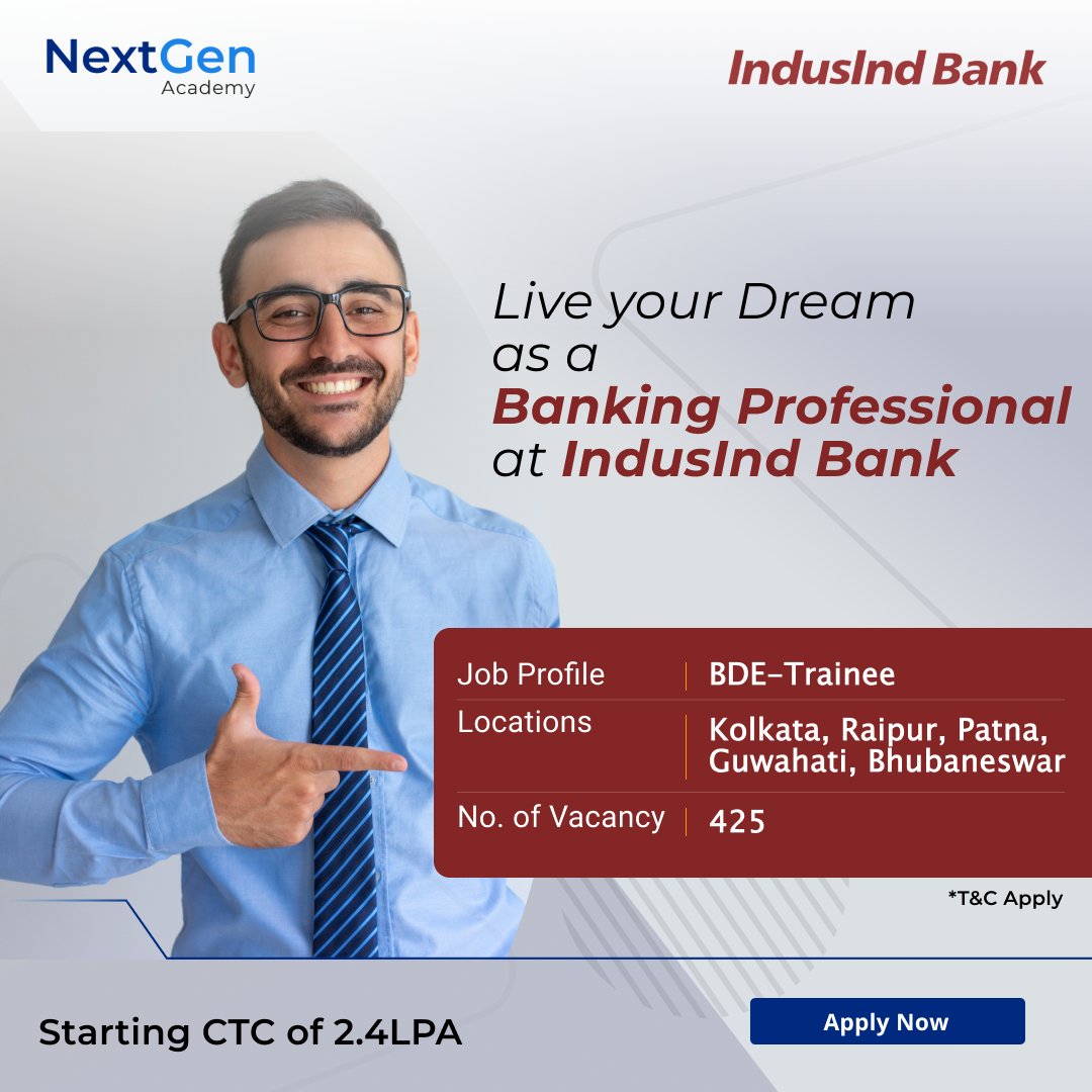 ctpl_official's tweet photo. Live your dream as a Banking Professional at IndusInd Bank.  Join Business sales &amp; Business development program for Job in your proximity.
Starting Package: 2.4 LPA
To know more please click here: https://t.co/AD0QKASmSO or Call +917411782032
.
.
#IndusIndBank #BankingJobs
#CTPL https://t.co/M9Au1cUnpa