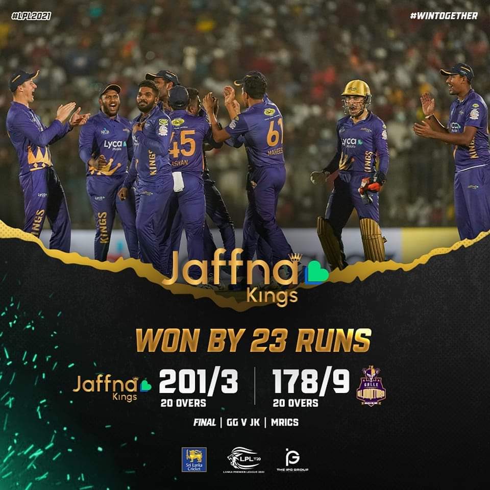 OfficialSLC's tweet photo. A champion team, and a team full of champions! The invincible Jaffna Kings keep their crown in a match that’s reminiscent of last year’s final - they beat the same rival!

#LPL2021 #එක්වජයගමු #ஒன்றாகவென்றிடுவோம் #WinTogether #TheFutureisHere https://t.co/AyB10DTR9d