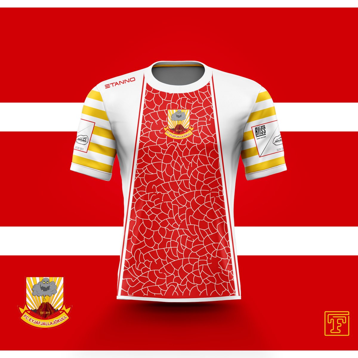 TFConcepts_'s tweet photo. Today's jersey design is for @FCE15. I wanted to design a jersey for a really weird crest and FC Eyjafjallajökull fit the bill. Thanks @PaintedCougar for the suggestion

For more jersey designs check out https://t.co/YyKWknYQW3 https://t.co/sSsY1aER2W
